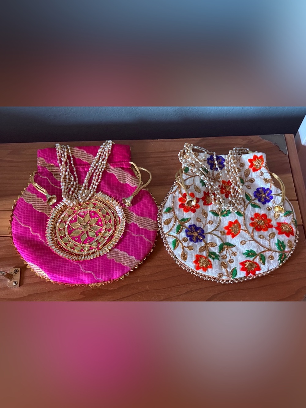 Vintage Indian Potli Bags Set of 2 Embroidered Beaded Pearl Handle Purses